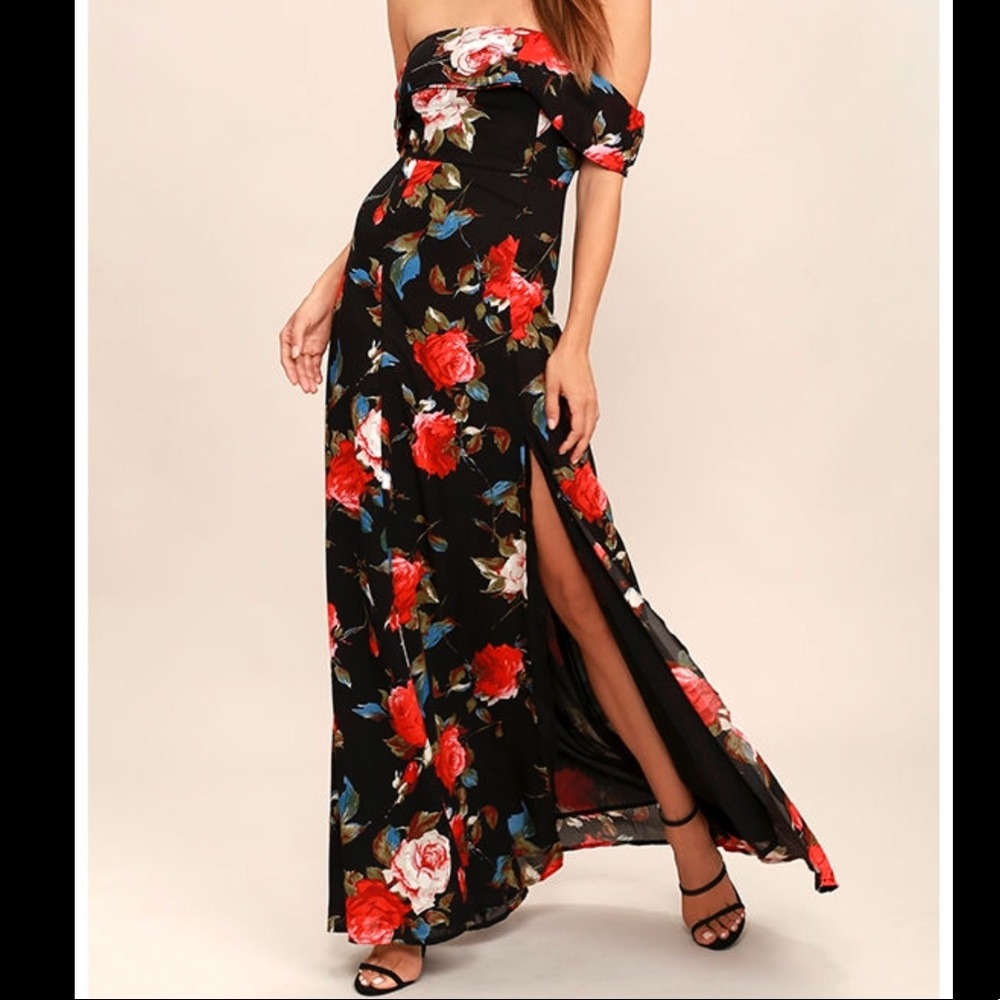 NWT black floral print off the shoulder maxi dress
